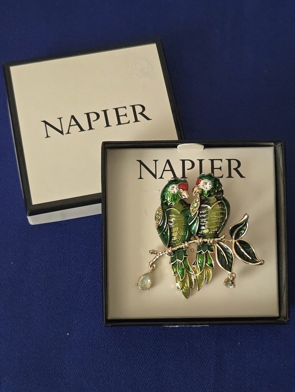 Napier Green Enamel Gold Tone Parrots Pin Brooch New In Box